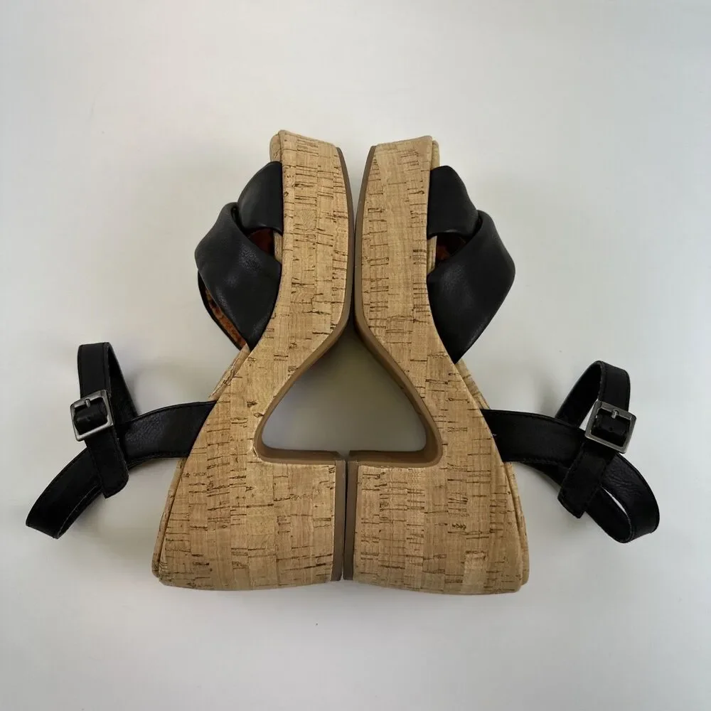 Korks Calda‎ Platform Sandal Black Leather Ankle Buckle Strap Cork Heel Womens 7